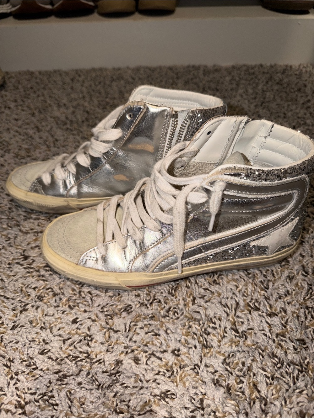 Golden Goose Kids Metallic Silver High-Top Sneakers with Glitter Star